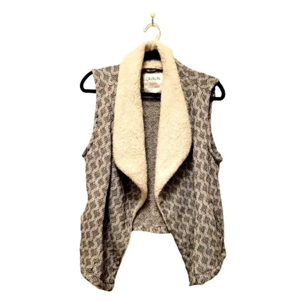 Cavalini Womens Sweater Black S Sherpa Fleece Collar Waterfall Open Cardigan